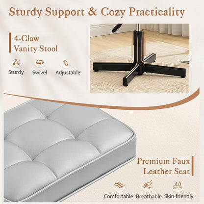 Adjustable Vanity Stool, Foot Rest Under Desk, 360° Swivel Vanity Chair for Makeup Room, Black Upholstered Faux Leather Ottoman for Bathroom & Living Room, 300lbs