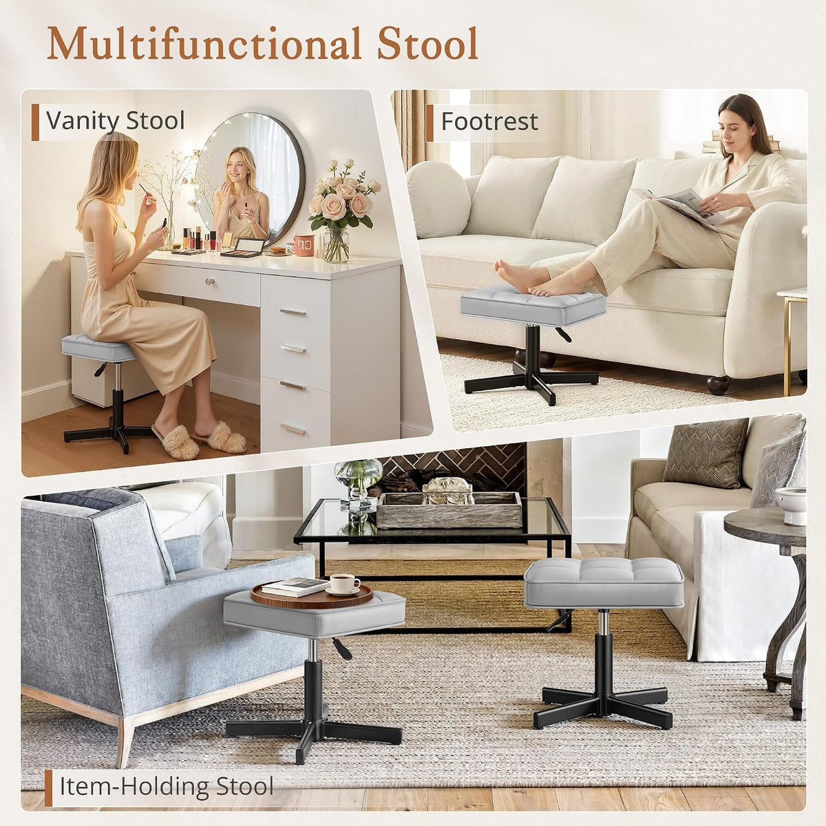 Adjustable Vanity Stool, Foot Rest Under Desk, 360° Swivel Vanity Chair for Makeup Room, Black Upholstered Faux Leather Ottoman for Bathroom & Living Room, 300lbs