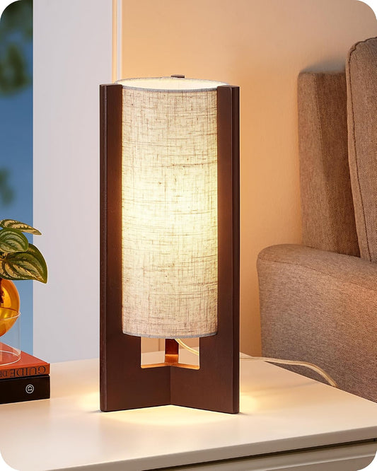 Wood Table Lamp, 13.5" Small Bedside Lamp, Rosewood, E26 Base