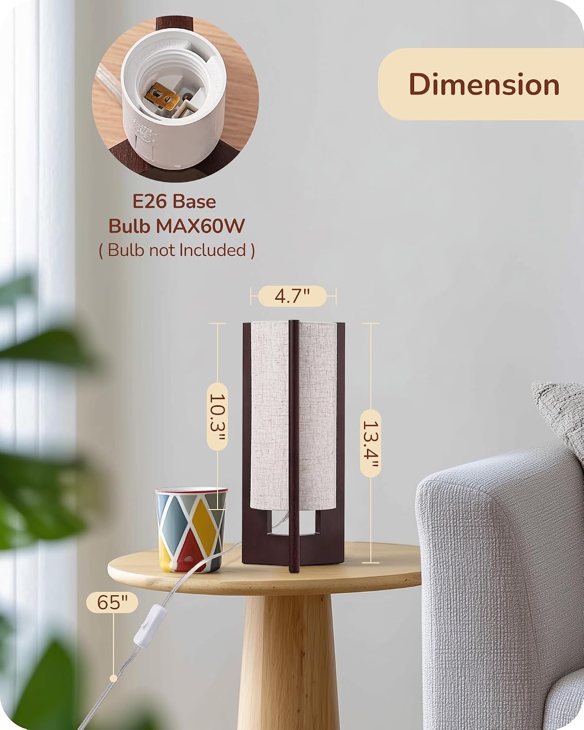 Wood Table Lamp, 13.5" Small Bedside Lamp, Rosewood, E26 Base