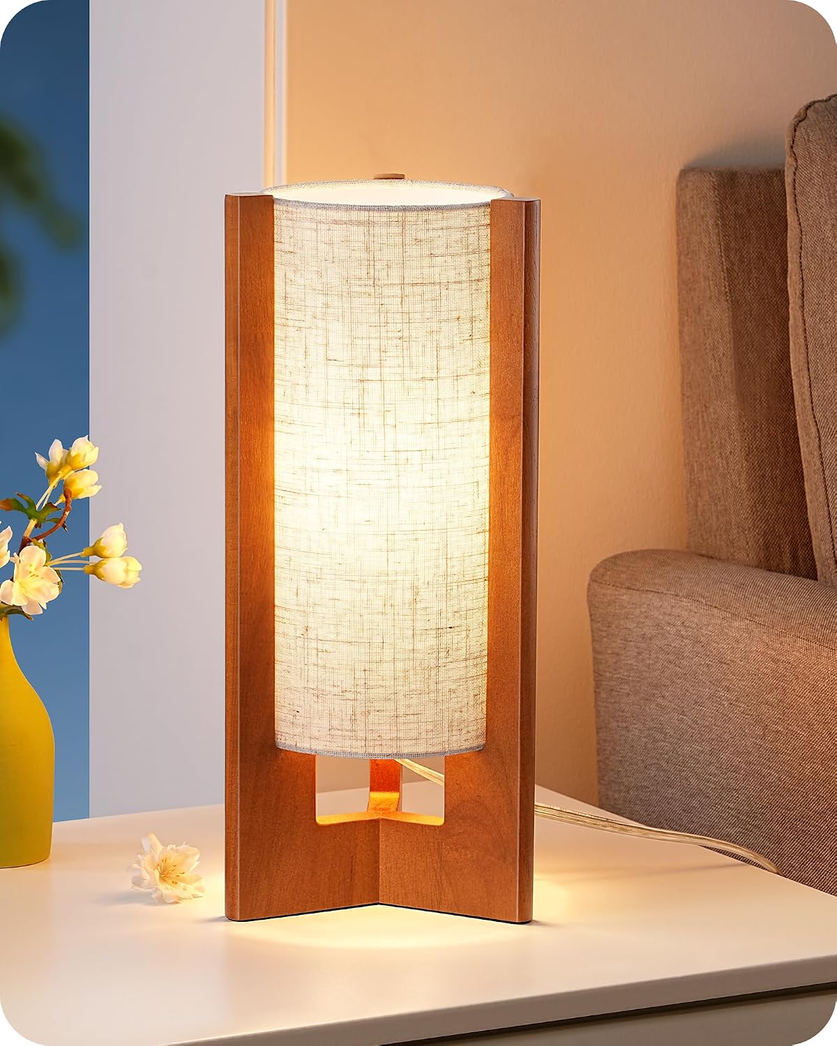 Wood Table Lamp, 13.5" Small Bedside Lamp, Rosewood, E26 Base