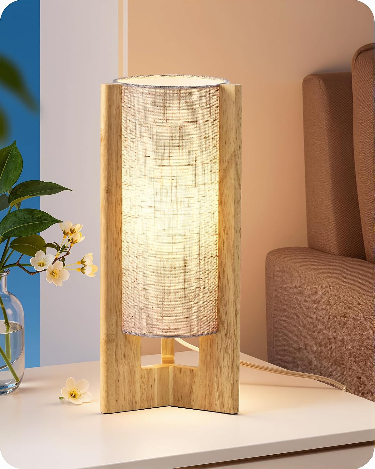 Wood Table Lamp, 13.5" Small Bedside Lamp, Rosewood, E26 Base
