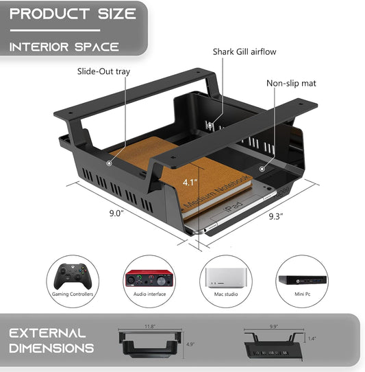 Under Desk Shelf, 2 Pack, Self-Adhesive Device Storage, Great Desktop Organizer Drawer for Work Stations, Stand Up Desks, Gaming Battlestations with Cable Management Raceway