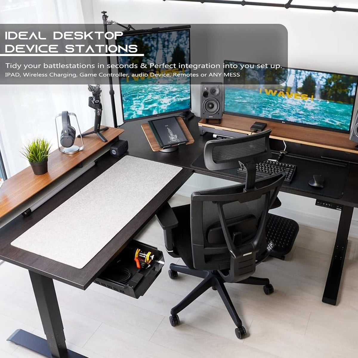 Under Desk Shelf, 2 Pack, Self-Adhesive Device Storage, Great Desktop Organizer Drawer for Work Stations, Stand Up Desks, Gaming Battlestations with Cable Management Raceway