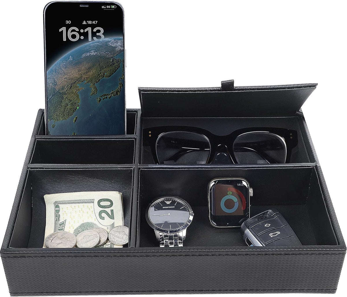 Zcaukya Men's Valet Tray, 5 Compartments, Black