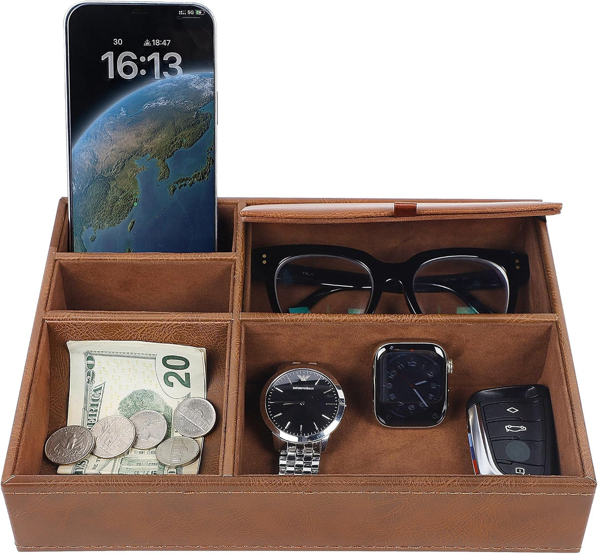 Zcaukya Men's Valet Tray, 5 Compartments, Black