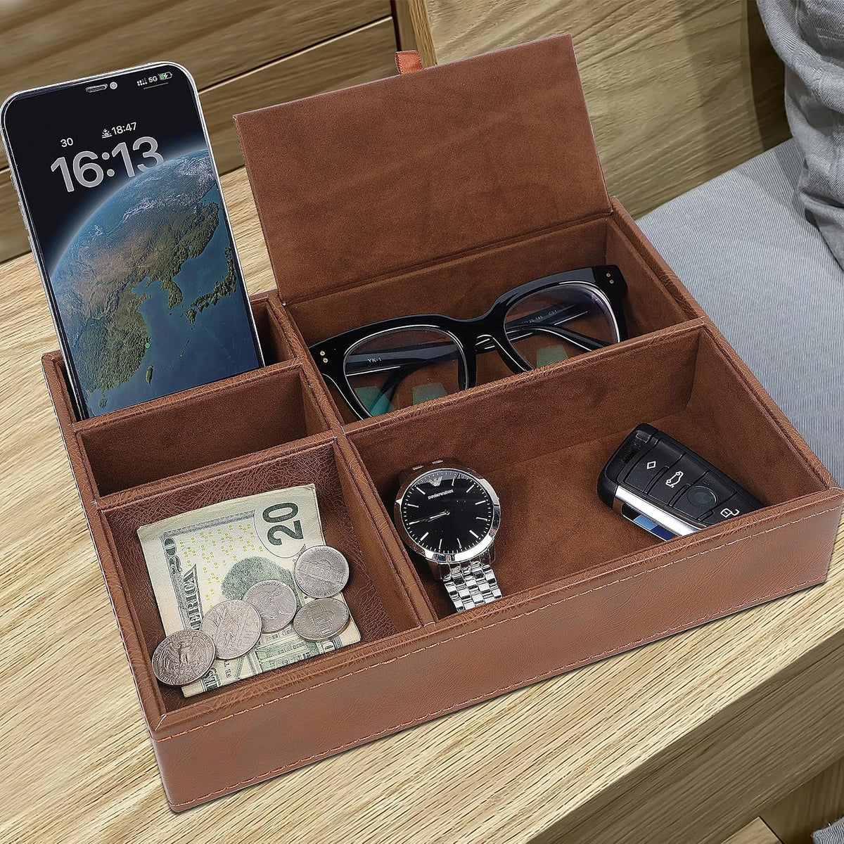 Zcaukya Men's Valet Tray, 5 Compartments, Black
