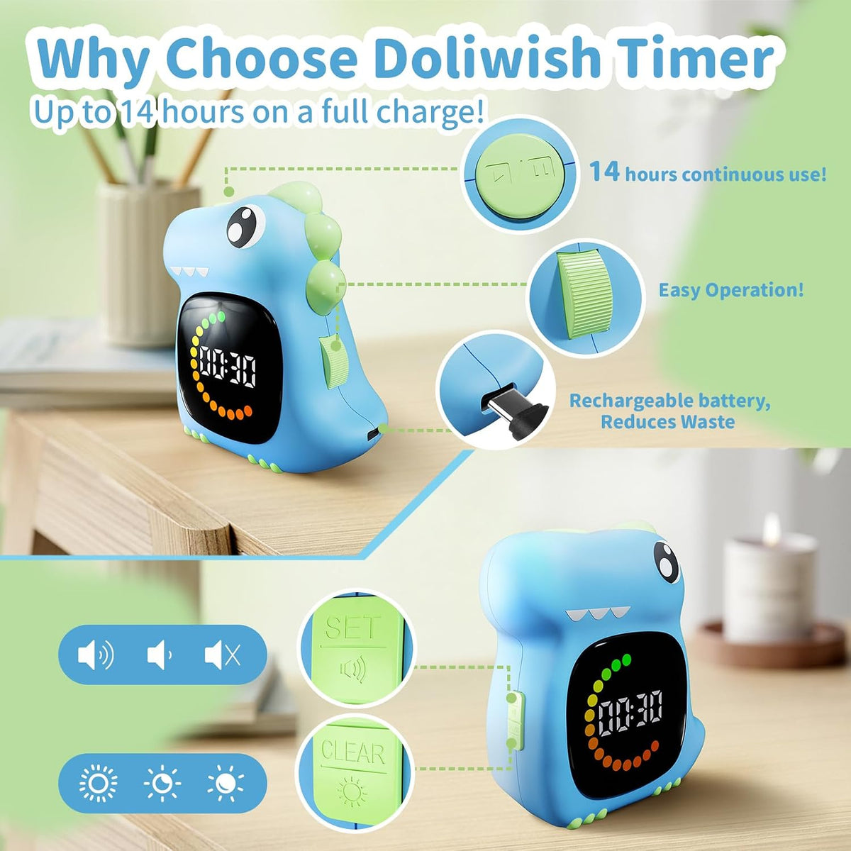 Visual Timer for Kids, Blue Dinosaur Digital Toddler Timer Visual Countdown