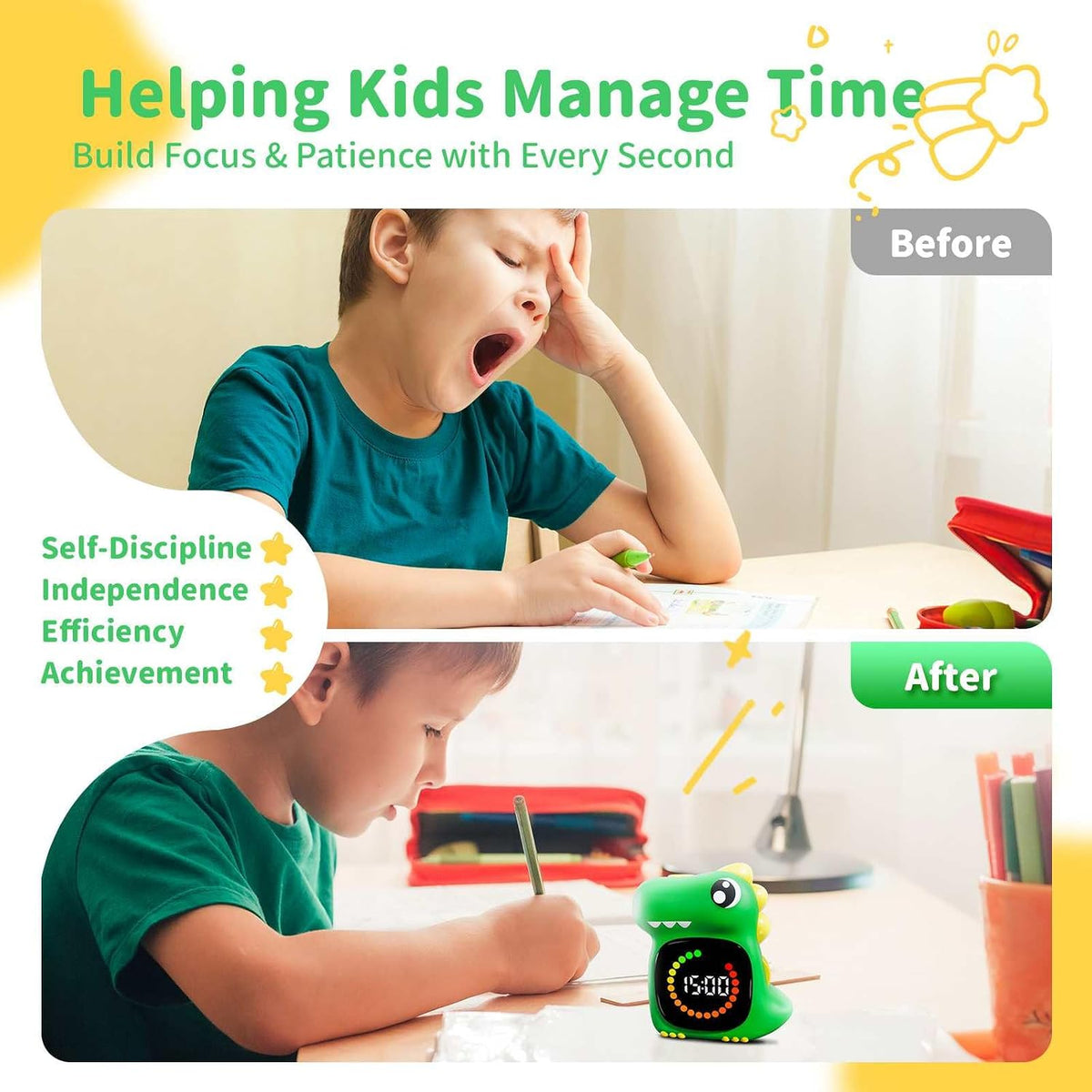 Visual Timer for Kids, Blue Dinosaur Digital Toddler Timer Visual Countdown