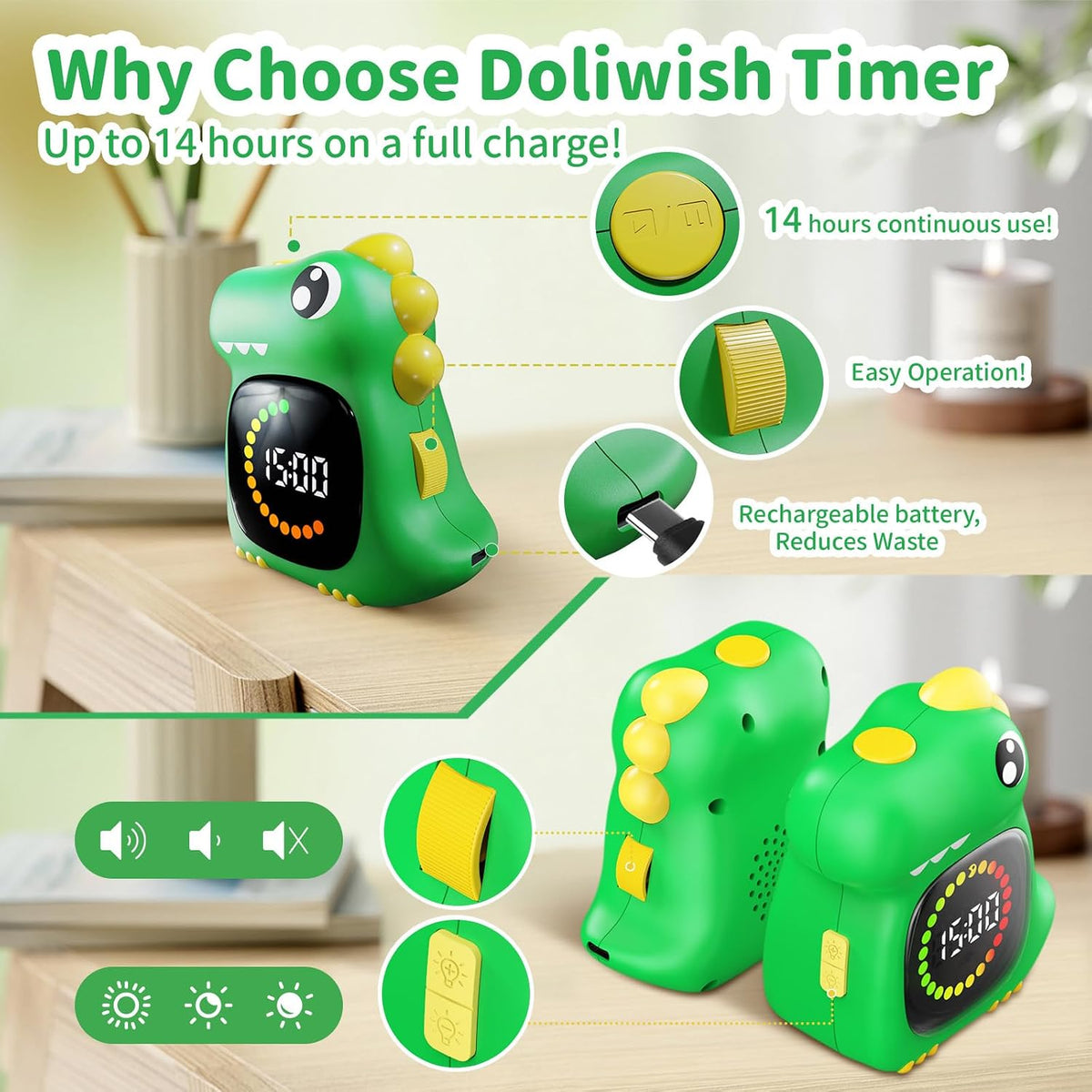 Visual Timer for Kids, Blue Dinosaur Digital Toddler Timer Visual Countdown