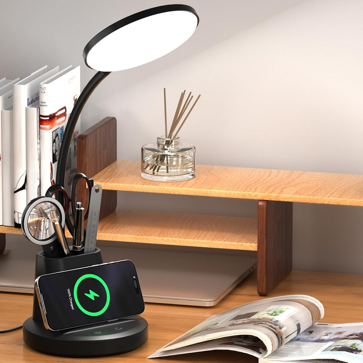 LED Desk Lamp for College Dorm with Pen Phone Holder, Black