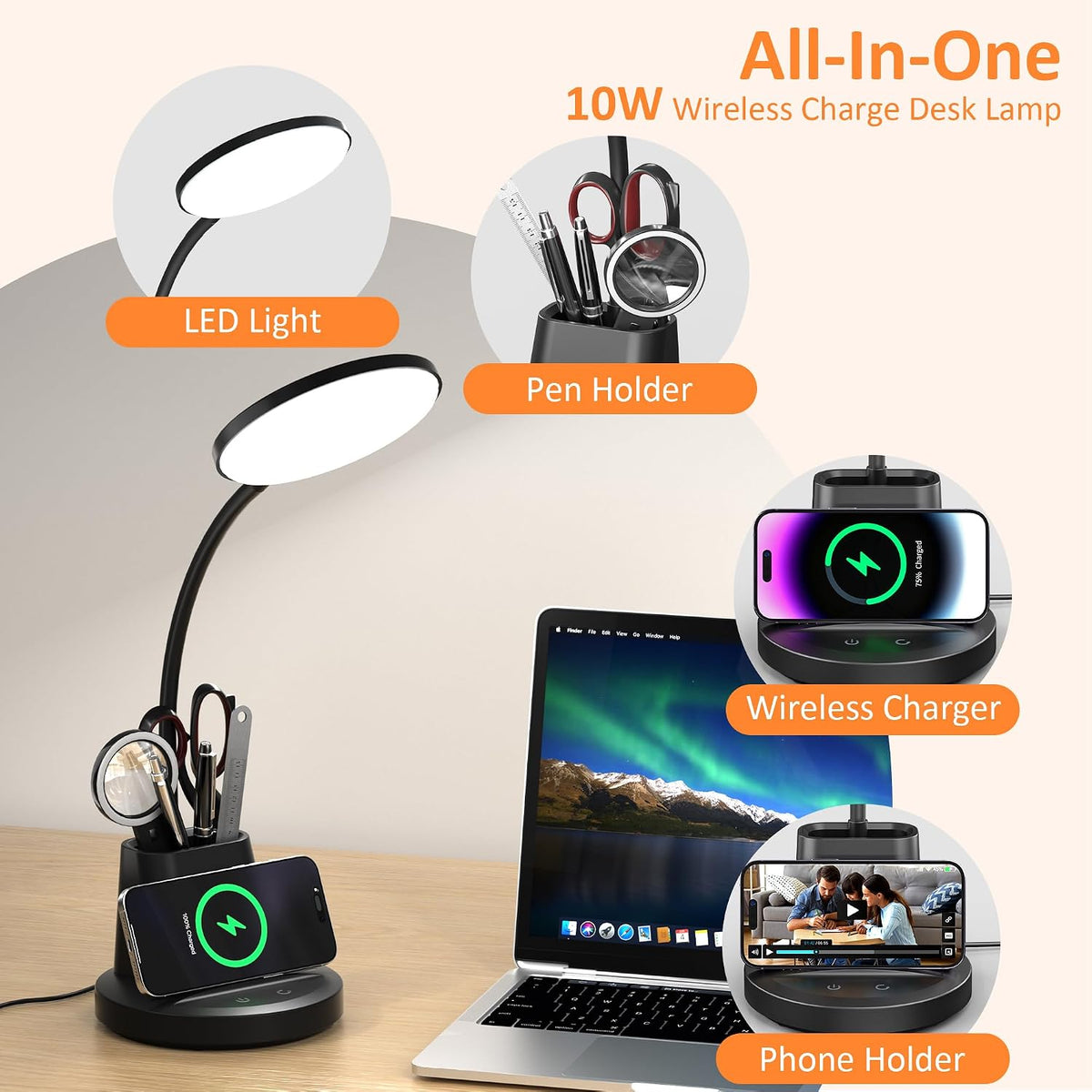 LED Desk Lamp for College Dorm with Pen Phone Holder, Black