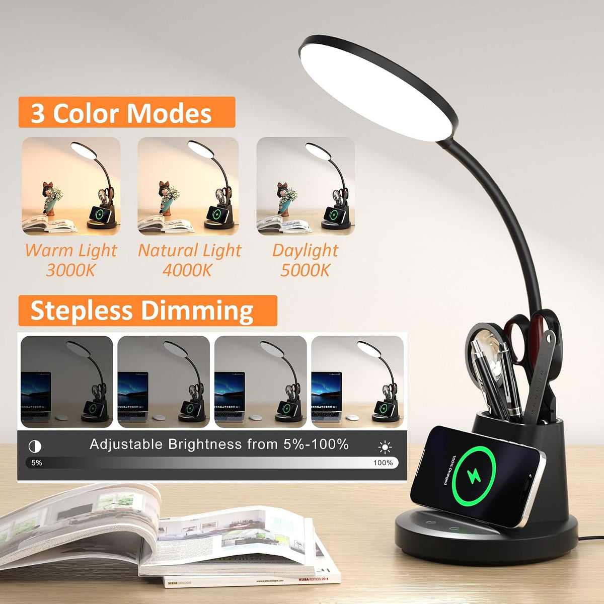 LED Desk Lamp for College Dorm with Pen Phone Holder, Black