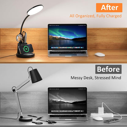 LED Desk Lamp for College Dorm with Pen Phone Holder, Black