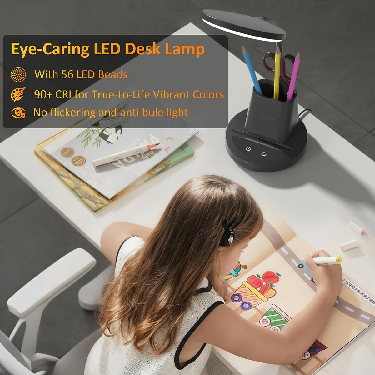 LED Desk Lamp for College Dorm with Pen Phone Holder, Black