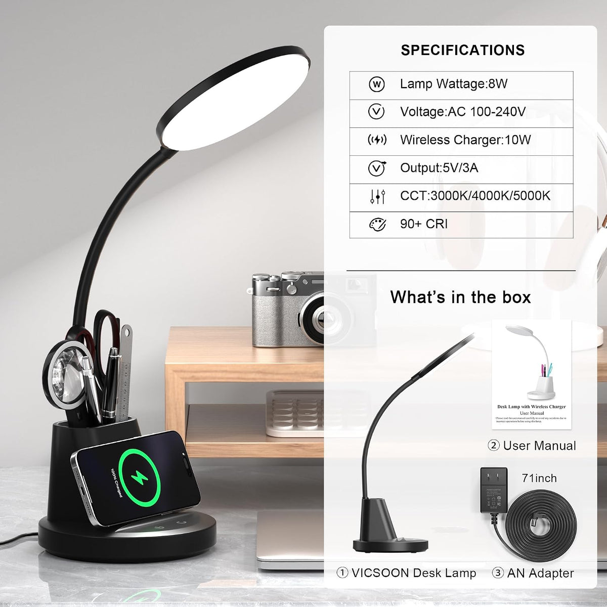 LED Desk Lamp for College Dorm with Pen Phone Holder, Black
