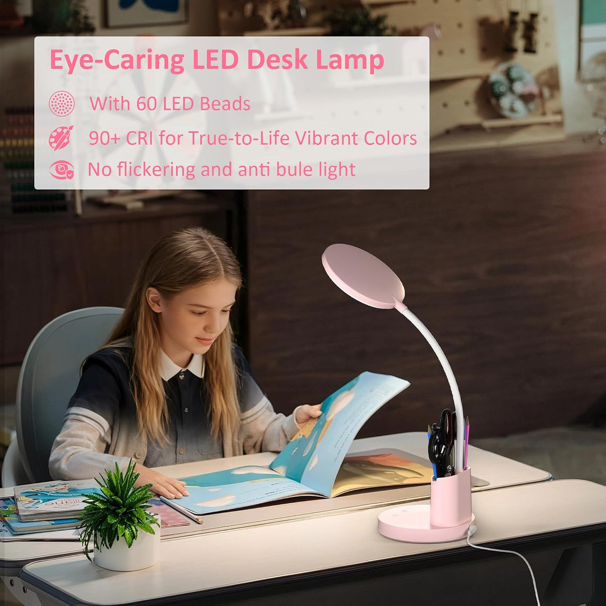LED Desk Lamp for College Dorm with Pen Phone Holder, Black