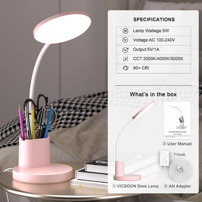 LED Desk Lamp for College Dorm with Pen Phone Holder, Black