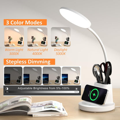 LED Desk Lamp for College Dorm with Pen Phone Holder, Black