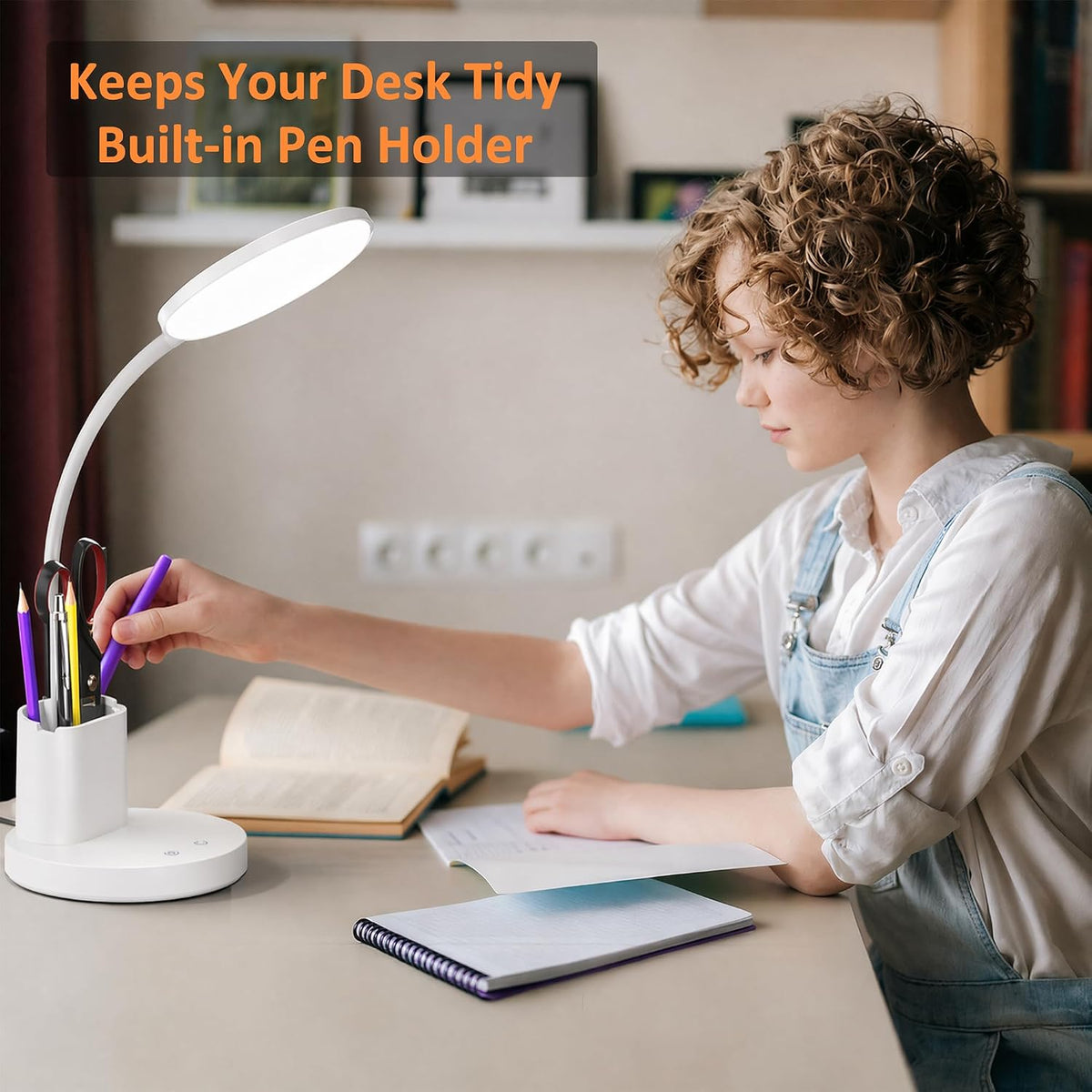 LED Desk Lamp for College Dorm with Pen Phone Holder, Black