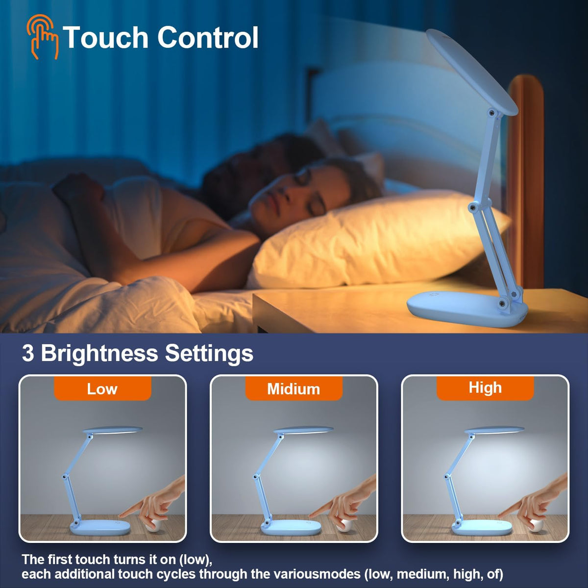 LED Desk Lamp for Office Home & Battery Operated Lamp Rechargeable Lamp Foldable & Portable Light, [2-Fold Bracket] 3 Brightness Dimmable Small Desk Lamp Wireless Reading Lamp (White)