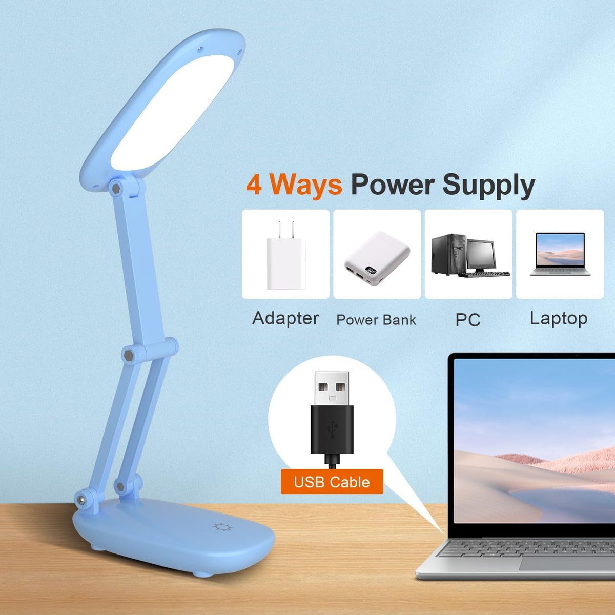 LED Desk Lamp for Office Home & Battery Operated Lamp Rechargeable Lamp Foldable & Portable Light, [2-Fold Bracket] 3 Brightness Dimmable Small Desk Lamp Wireless Reading Lamp (White)