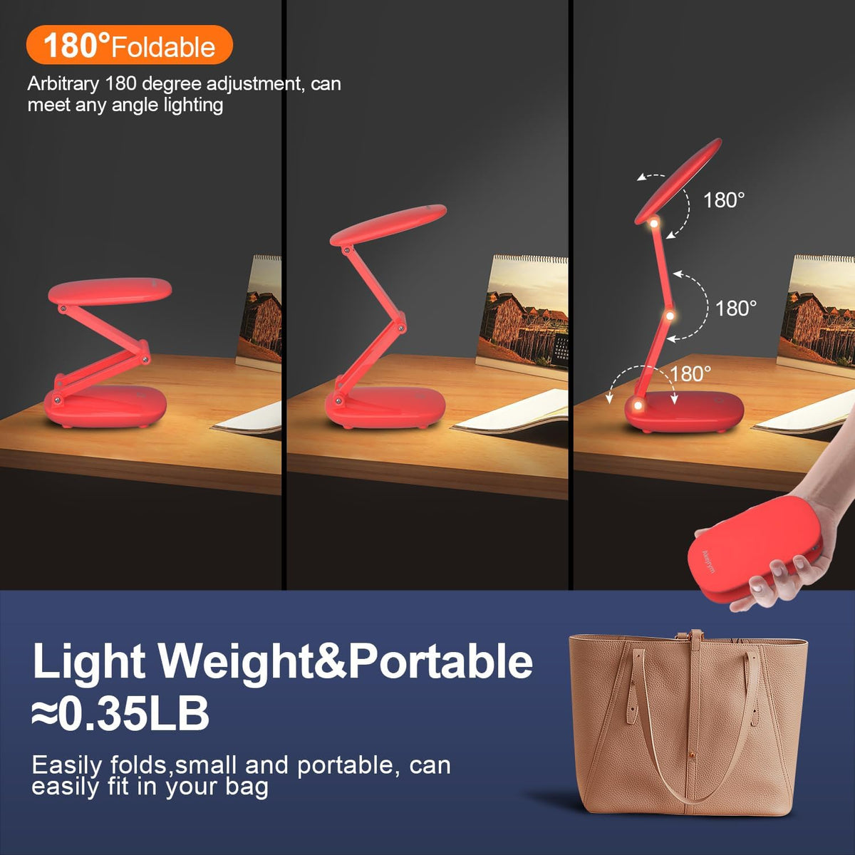 LED Desk Lamp for Office Home & Battery Operated Lamp Rechargeable Lamp Foldable & Portable Light, [2-Fold Bracket] 3 Brightness Dimmable Small Desk Lamp Wireless Reading Lamp (White)