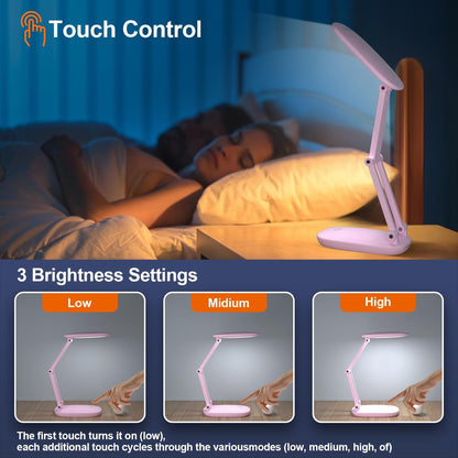 LED Desk Lamp for Office Home & Battery Operated Lamp Rechargeable Lamp Foldable & Portable Light, [2-Fold Bracket] 3 Brightness Dimmable Small Desk Lamp Wireless Reading Lamp (White)