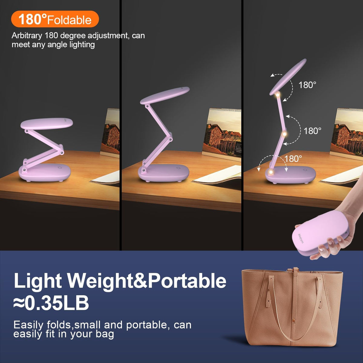 LED Desk Lamp for Office Home & Battery Operated Lamp Rechargeable Lamp Foldable & Portable Light, [2-Fold Bracket] 3 Brightness Dimmable Small Desk Lamp Wireless Reading Lamp (White)