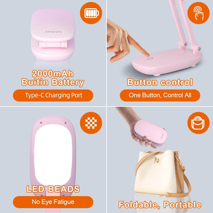 LED Desk Lamp for Office Home & Battery Operated Lamp Rechargeable Lamp Foldable & Portable Light, [2-Fold Bracket] 3 Brightness Dimmable Small Desk Lamp Wireless Reading Lamp (White)