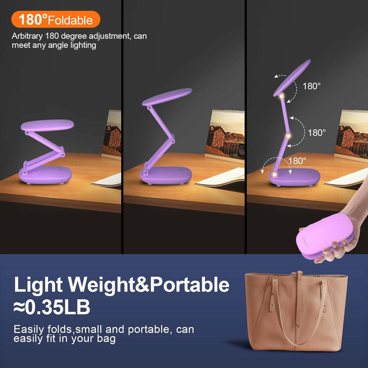 LED Desk Lamp for Office Home & Battery Operated Lamp Rechargeable Lamp Foldable & Portable Light, [2-Fold Bracket] 3 Brightness Dimmable Small Desk Lamp Wireless Reading Lamp (White)