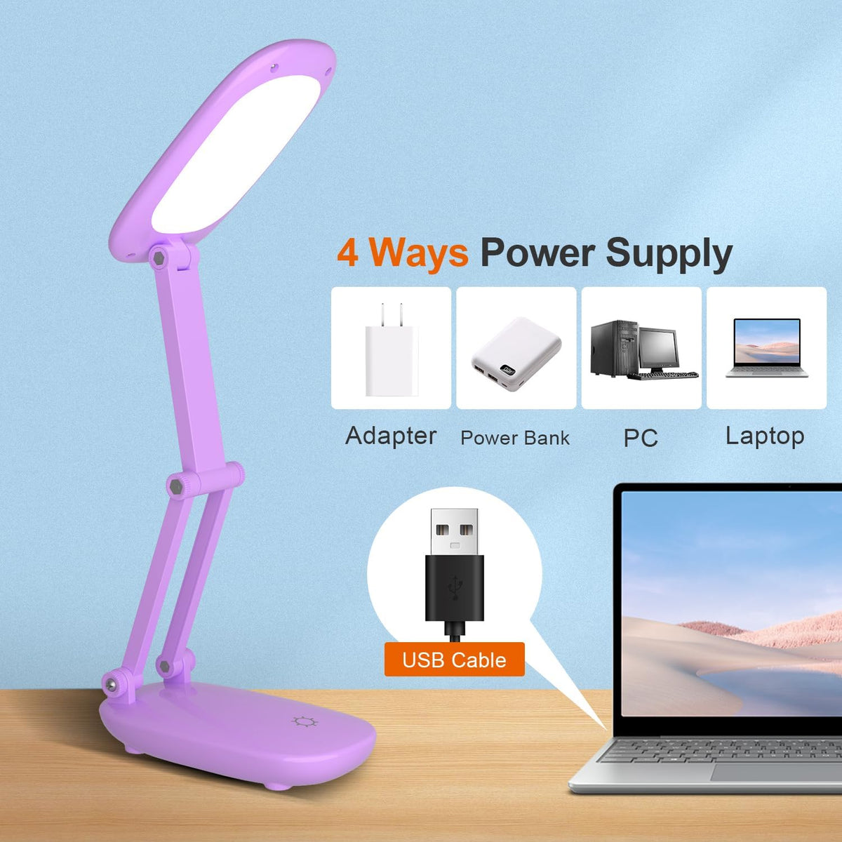 LED Desk Lamp for Office Home & Battery Operated Lamp Rechargeable Lamp Foldable & Portable Light, [2-Fold Bracket] 3 Brightness Dimmable Small Desk Lamp Wireless Reading Lamp (White)