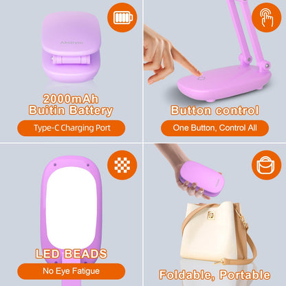 LED Desk Lamp for Office Home & Battery Operated Lamp Rechargeable Lamp Foldable & Portable Light, [2-Fold Bracket] 3 Brightness Dimmable Small Desk Lamp Wireless Reading Lamp (White)