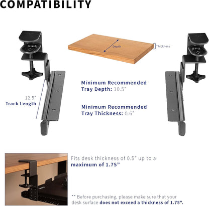 Height Adjustable Clamp and 12 inch Rail Set for DIY Custom Wooden Keyboard Trays (Tray Not Included), Under Desk Pull Out Slider Track with C-clamp Mount System, Black, MOUNT-RAIL02H