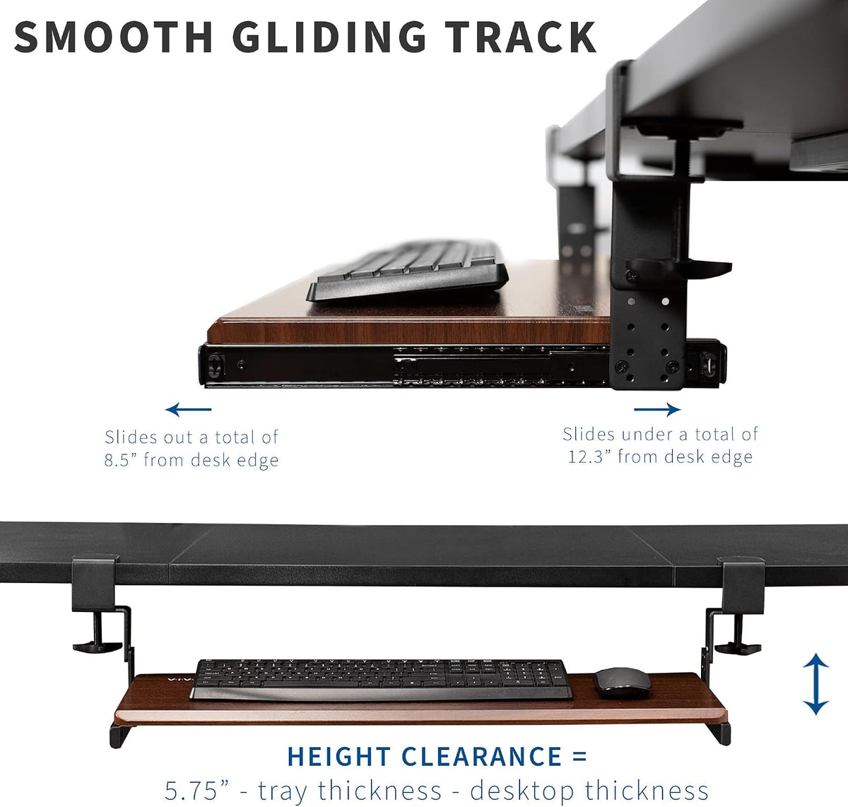 Height Adjustable Clamp and 12 inch Rail Set for DIY Custom Wooden Keyboard Trays (Tray Not Included), Under Desk Pull Out Slider Track with C-clamp Mount System, Black, MOUNT-RAIL02H