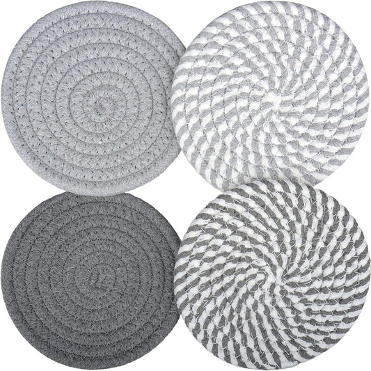 4.8 inch Drink Coasters Set of 4, Cotton Woven Coasters for Drinks, Large Absorbent Handmade Fabric Coaster, Minimalist Boho Coaster for Desk Decor Posavasos for Coffee Cups as Gift (Colorful Gray)
