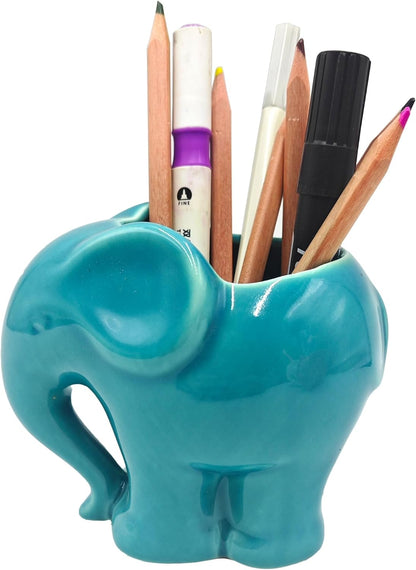 Blue Elephant Succulent Planter with Drainage Hole, Cute Makeup Brush Organizer Toothbrush Holder Pen Pencil Holder for Kids Desk, Elephant Gifts for Women