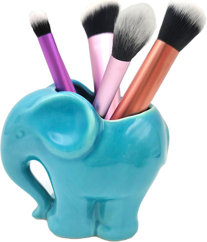 Blue Elephant Succulent Planter with Drainage Hole, Cute Makeup Brush Organizer Toothbrush Holder Pen Pencil Holder for Kids Desk, Elephant Gifts for Women