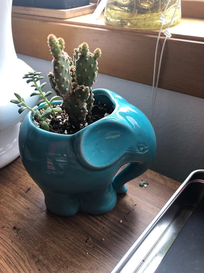 Blue Elephant Succulent Planter with Drainage Hole, Cute Makeup Brush Organizer Toothbrush Holder Pen Pencil Holder for Kids Desk, Elephant Gifts for Women