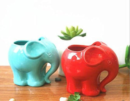 Blue Elephant Succulent Planter with Drainage Hole, Cute Makeup Brush Organizer Toothbrush Holder Pen Pencil Holder for Kids Desk, Elephant Gifts for Women