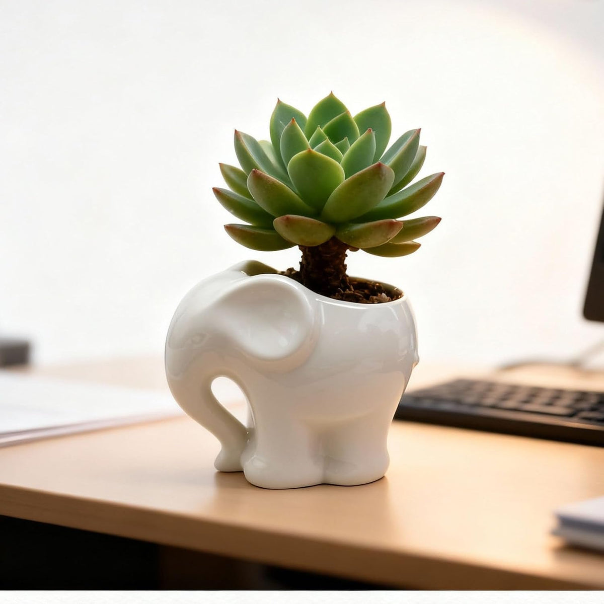 Blue Elephant Succulent Planter with Drainage Hole, Cute Makeup Brush Organizer Toothbrush Holder Pen Pencil Holder for Kids Desk, Elephant Gifts for Women