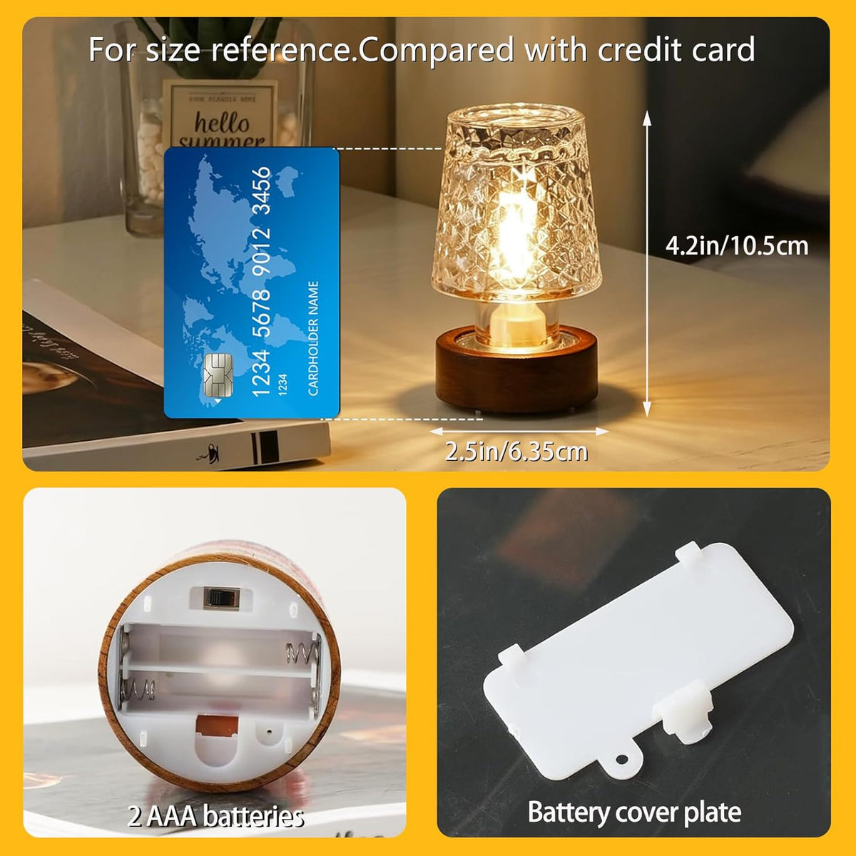 Mini Soft Warm LED Night Light, Battery Operated Portable Glass Lamp with Timer, Art Deco Style, Crystal Color, for Adults