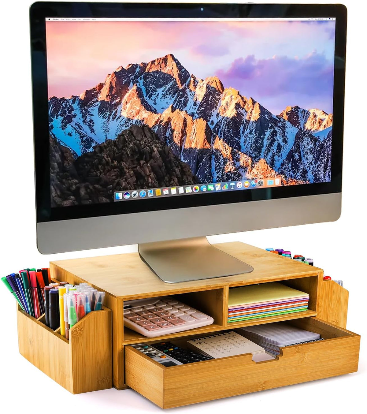 2 Tier Bamboo Desktop Organizer, Desk Monitor Stand Riser with 1 Drawer and 2 Pen Holder, 2 Compartment Computer Desk Storage Organizer for Laptop, Printer