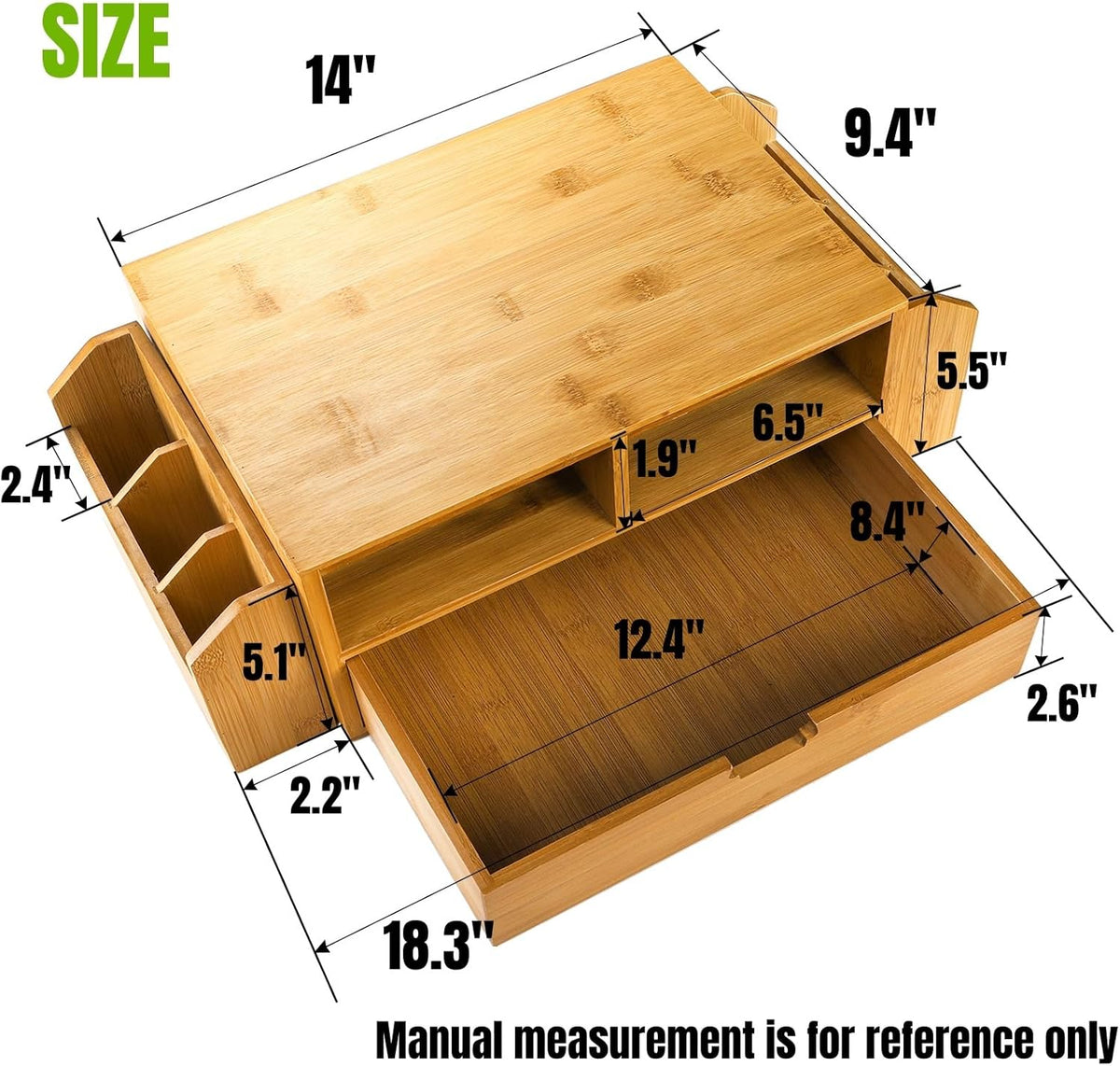 2 Tier Bamboo Desktop Organizer, Desk Monitor Stand Riser with 1 Drawer and 2 Pen Holder, 2 Compartment Computer Desk Storage Organizer for Laptop, Printer