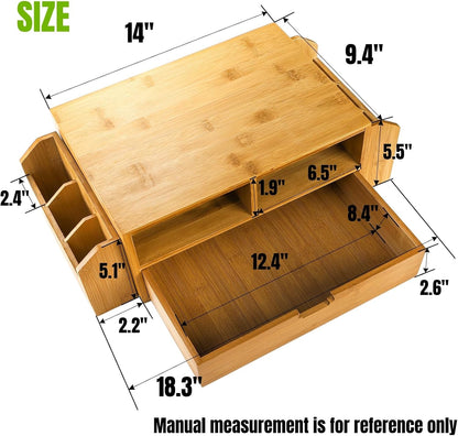 2 Tier Bamboo Desktop Organizer, Desk Monitor Stand Riser with 1 Drawer and 2 Pen Holder, 2 Compartment Computer Desk Storage Organizer for Laptop, Printer