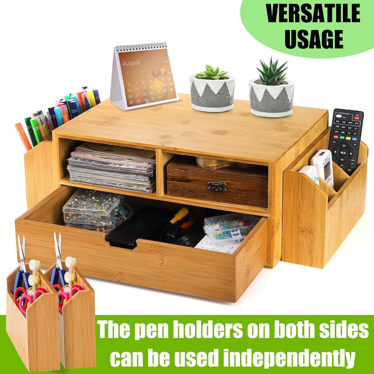 2 Tier Bamboo Desktop Organizer, Desk Monitor Stand Riser with 1 Drawer and 2 Pen Holder, 2 Compartment Computer Desk Storage Organizer for Laptop, Printer