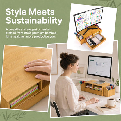 2 Tier Bamboo Desktop Organizer, Desk Monitor Stand Riser with 1 Drawer and 2 Pen Holder, 2 Compartment Computer Desk Storage Organizer for Laptop, Printer