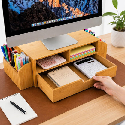 2 Tier Bamboo Desktop Organizer, Desk Monitor Stand Riser with 1 Drawer and 2 Pen Holder, 2 Compartment Computer Desk Storage Organizer for Laptop, Printer