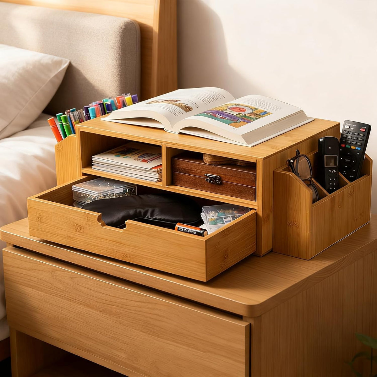 2 Tier Bamboo Desktop Organizer, Desk Monitor Stand Riser with 1 Drawer and 2 Pen Holder, 2 Compartment Computer Desk Storage Organizer for Laptop, Printer