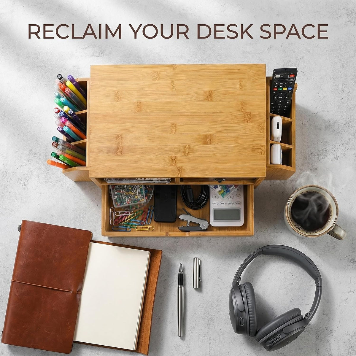 2 Tier Bamboo Desktop Organizer, Desk Monitor Stand Riser with 1 Drawer and 2 Pen Holder, 2 Compartment Computer Desk Storage Organizer for Laptop, Printer